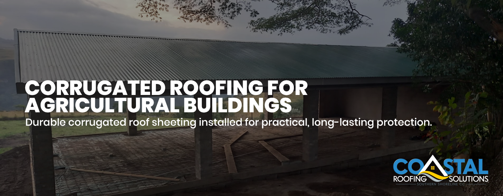 Completed Corrugated Roof Sheeting Installation for an Agricultural Building Professionally installed corrugated roof sheeting by Coastal Roofing Solutions, providing long-lasting protection and reliable performance for agricultural and rural buildings.