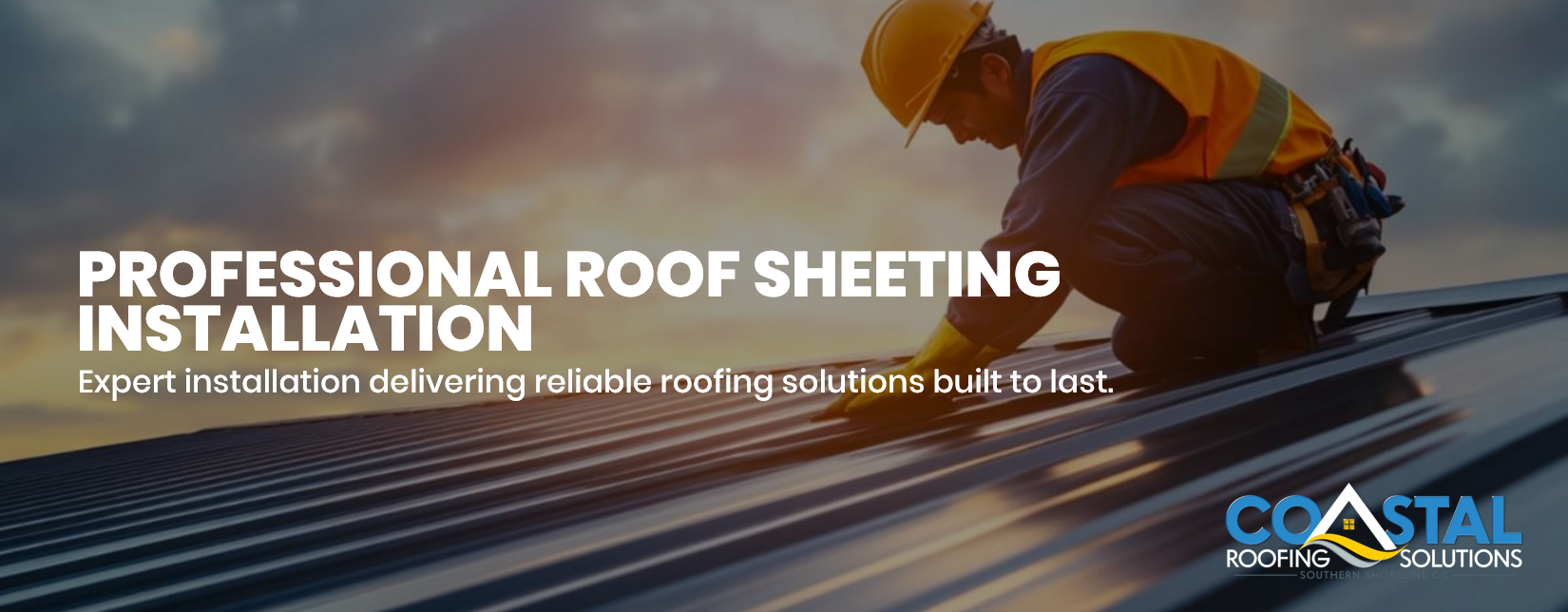 Professional Roof Sheeting Installation Professional roofing contractor installing roof sheeting using safety equipment during a commercial roofing project.