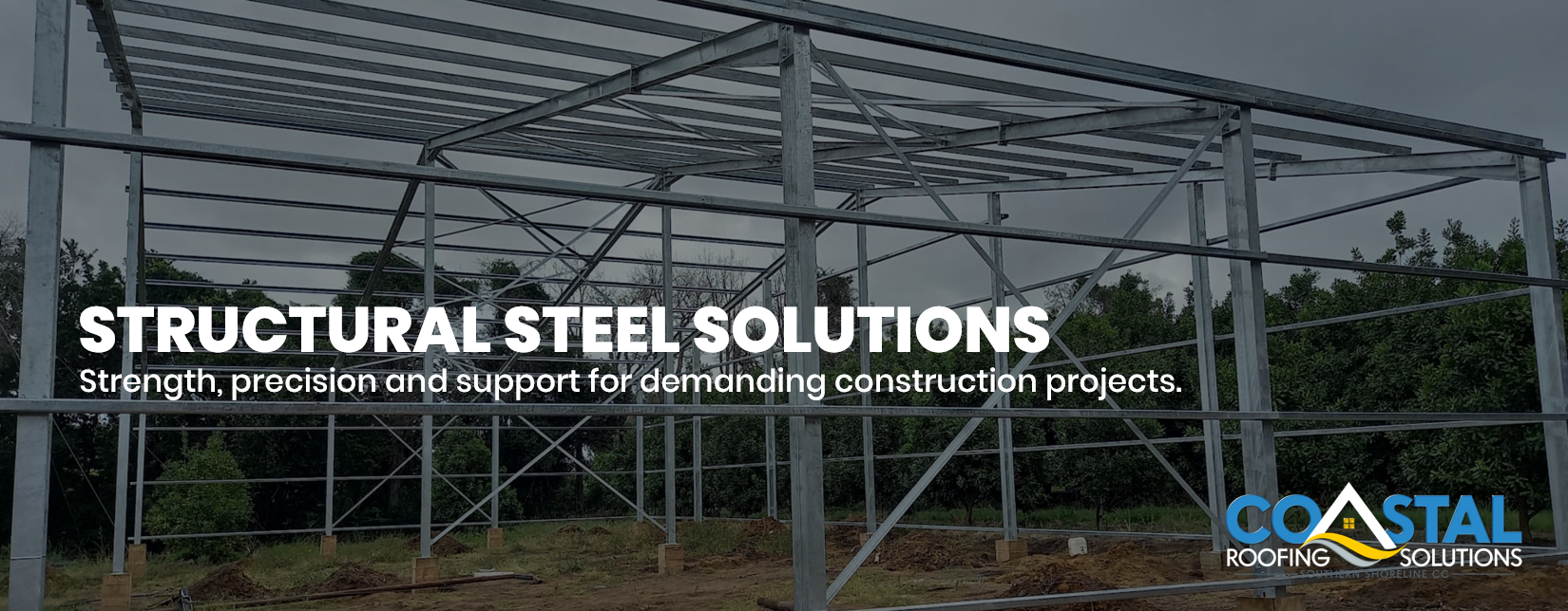 Structural Steel Building Framework Installation Galvanised structural steel building framework installed by Coastal Roofing Solutions for a commercial construction project.